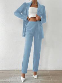 Chiquease Solid Color Double-Breasted Long Sleeve Suit Jacket And Trousers Set - Baby Blue - View 4