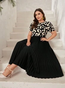 SHEIN Privé 夏季優雅通勤豹紋拼接褶皺加大碼女裝連衣裙，適用於日常、工作和購物 - 黑色 - 查看 3