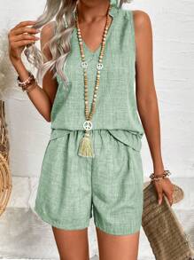 EMERY ROSE Women Fashionable Loose Fit Casual Vest And Shorts Set, Versatile Style