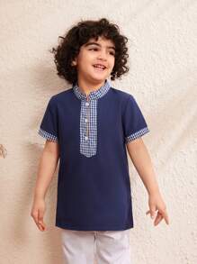 SHEIN Bộ áo sơ mi và phụ kiện dành cho bé trai, Áo sơ mi cổ đứng kẻ sọc dài màu xanh có mũ, phong cách lễ hội - Xanh đậm - Xem 3