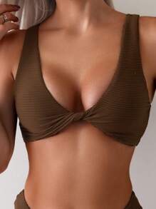 SHEIN Swim Damski jednokolorowy prosty modny zestaw bikini z oddzielną górą i dołem kąpielowym na letnie wakacje na plaży - Kawowy brązowy - Zobacz 5