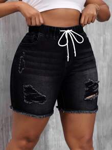 SHEIN SXY Plus Size Summer Casual Slim Fit Distressed Denim Shorts