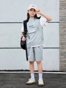 SHEIN Tween男孩帥氣帽夾克、短褲和T卹套裝，搭載貨物風格 - 灰色 - 查看 5