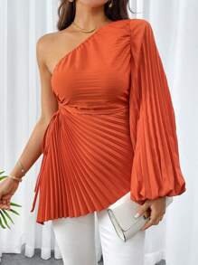 SHEIN Privé Women Simple And Elegant Solid Color One Shoulder Blouse With Hollow-Out Waist, Asymmetric Hemline And Pleated Design For Summer Spring - Orange - View 5