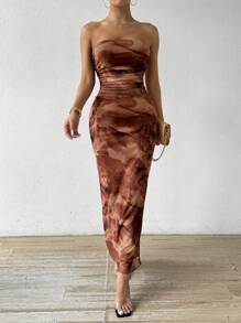Calvaya Women Sexy Flower Print Pleated Slim Fit Bandeau Dress With Side Slit For Summer Maxi Women Outfit
