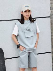 SHEIN Tween男孩帥氣帽夾克、短褲和T卹套裝，搭載貨物風格 - 灰色 - 查看 4