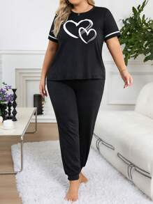 大尺碼女士時尚心形印花睡衣套裝