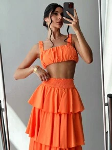 Firerie Bộ đồ đi biển 2 món: Áo xếp ly phần ngực và chân váy xòe. - trái cam - Xem 6