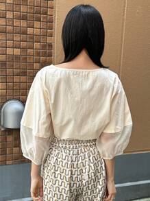 FRIFUL Women Summer Round Neck Loose Shirt With Mesh Lantern Sleeves And Patchwork - Beige - View 5