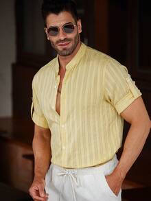 Manfinity CasualCool Camisa veraniega para hombre con rayas, manga corta, cuello de pie, sin mangas y con doblez - Amarillo - Ver 6