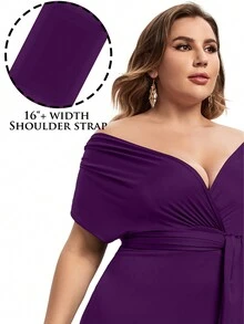 Plus Size Elegant Solid Color Off Shoulder Dress For Women Summer - Purple - View 3