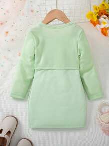 SHEIN Young Girl Mexican Children's Day Colorful Dopamine Flower Pattern Cardigan And Dress Set, Spring/Fall - Green - View 2