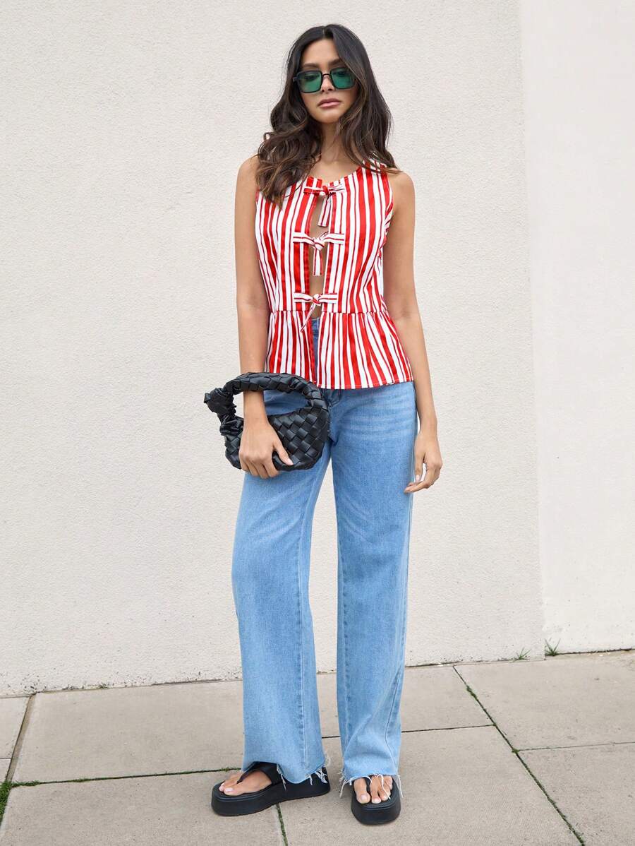 COSMINA Women Cotton Red And White Striped Printed Hollow Out Sexy Casual Sleeveless Tie-Up Peplum Blouse With Round Neck FAll - Red and White - View 1