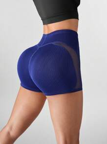 Innovista 3D紋理布料單色圓形空洞運動短褲，透氣網眼插入設計，適用於夏季運動套裝，2024款藍色短褲 - 藏蓝色 - 查看 2