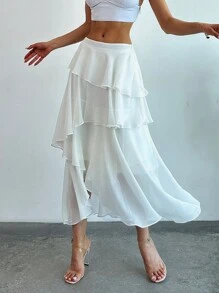 Firerie Falda decorativa en capas de unicolor elegante con volantes para primavera y verano, ajustada