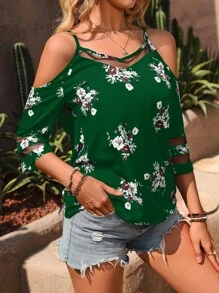 SHEIN LUNE Parte superior de tirantes de malla con contraste y estampado floral para mujer, ideal para vacaciones de verano