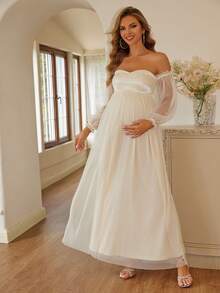 Joyfunear Maternity Fashion Solid Color Mesh Sleeve Off-Shoulder Elegant Dress, For Party - Apricot - View 6