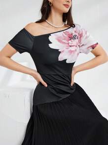 Modelyn Women Elegant Floral Printed Long Asymmetrical Collar Dress With Pleated Hem For Spring And Summer Long Evening Dresses - Black - View 1