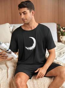 Simple Casual Men's Pajama Set - Black - View 3