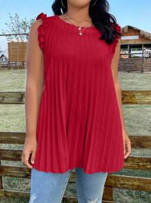 Calvaya Plus Size Women Solid Color Round Neck Flutter Sleeve Loose Pleated Blouse, Summer