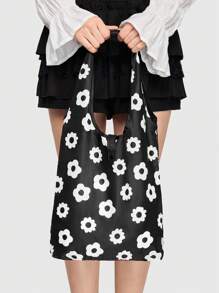 ROMWE Kawaii Bolsa De Almacenamiento Con Patrón De Flores Negras, De Dibujos Animados Con Gran Capacidad, Cartera De Compras Portátil Plegable Y Portátil - Multicolor - Ver 3