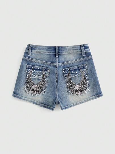 Grunge Punk Frauen Denim Shorts in elastischer Skinny Passform mit Totenkopf-Stickerei und Strass-Dekoration