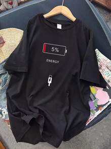 SHEIN Teen Girl Casual Personalized Printed Oversized Short Sleeve T-Shirt, Suitable For Summer