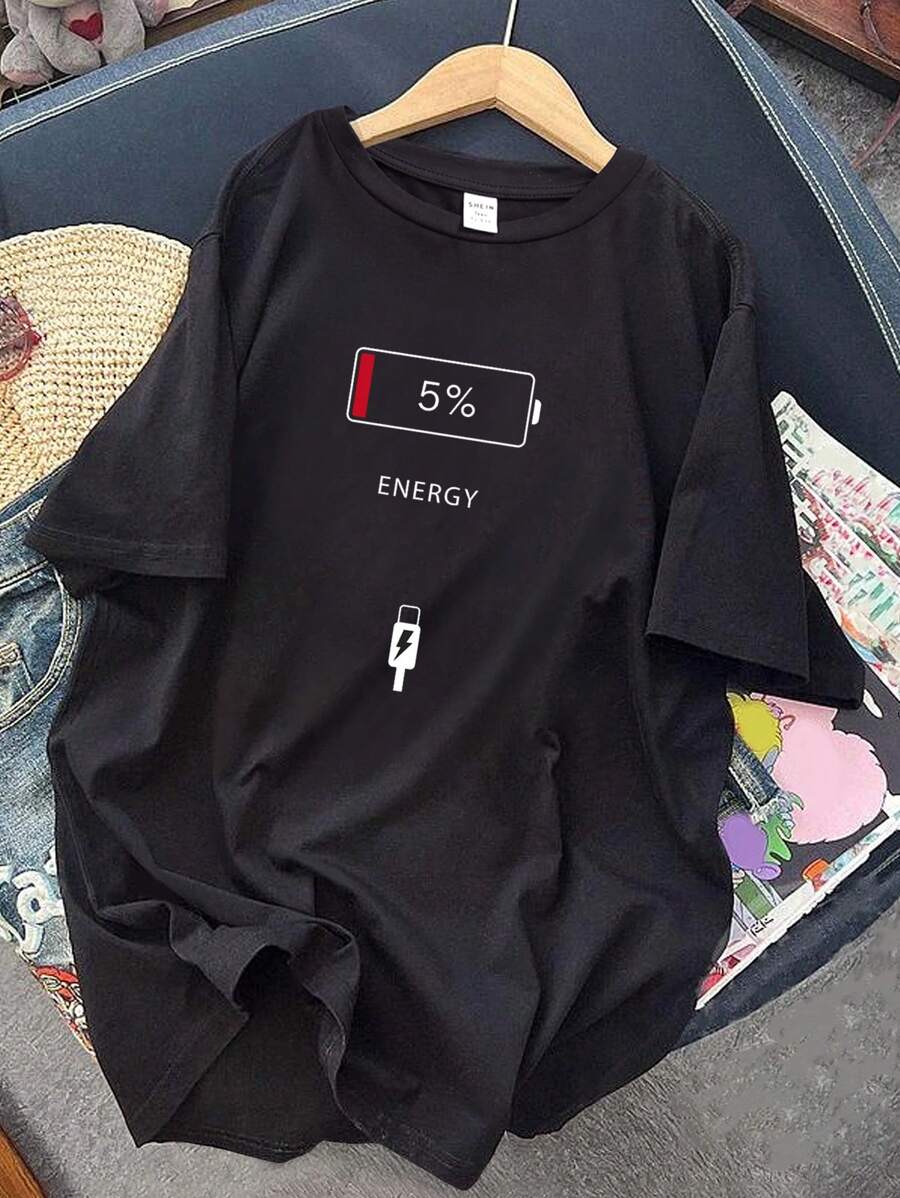 SHEIN Teen Girl Casual Personalized Printed Oversized Short Sleeve T-Shirt, Suitable For Summer