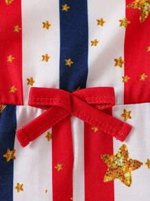 嬰幼女孩日時尚星條紋印花連體褲套裝，帶荷葉邊和髮箍，適用於夏季 - 紅白色 - 查看 3