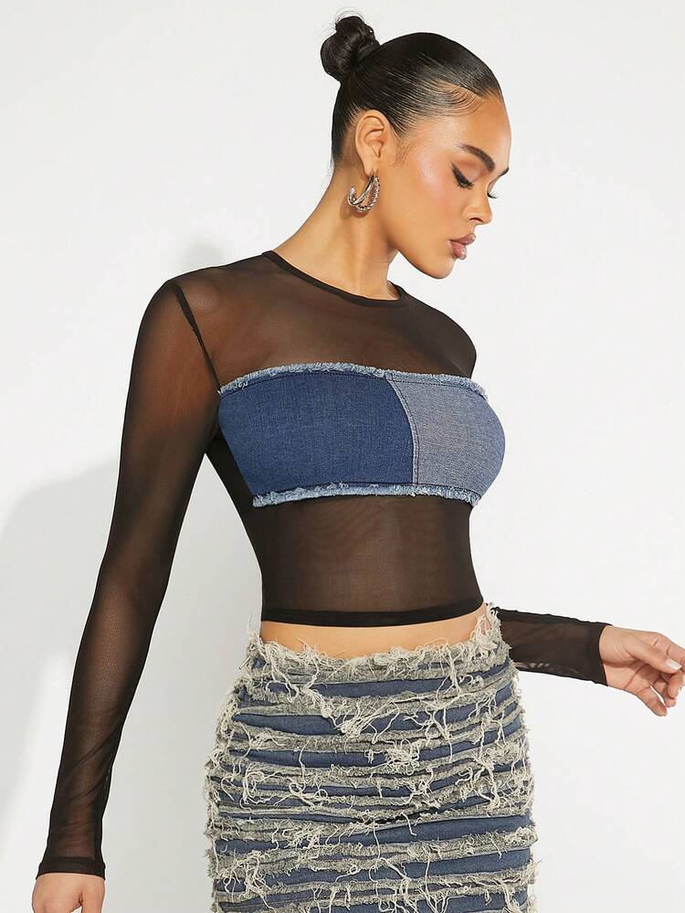 Colorblock Frayed Patch Mesh Crop Top