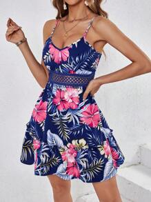 SHEIN VCAY Ladies' Flower Print Vacation Spaghetti Strap Summer Beach Women Short Dress