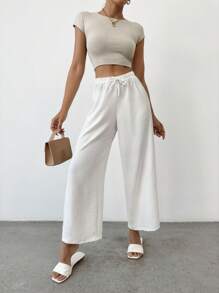 SHEIN PETITE Petite Cottnline Knot純色休閒女褲