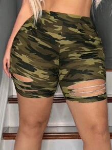 SHEIN SXY Plus Size Summer Camouflage Printed Hollow Out Shorts - Multicolor - View 3