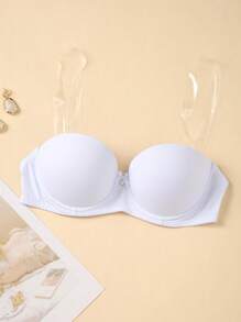 Women Plain Bowknot Decor Transparent Shoulder Strap Bra With Underwire - White - View 3