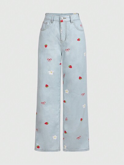 Kawaii Jeans En Jean Mignon Pour Femmes Avec Motif Imprimé De Fraise, Fleur Et Nœud