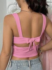 Flirla Top corto de verano delgado con tirantes de espagueti y detalle de lazo decorativo