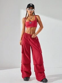SHEIN EZwear Women Personalized Hip-Hop Street Dance Outfit, Sleeveless Top And Parachute Pants Set For Streetwear - Red - View 3