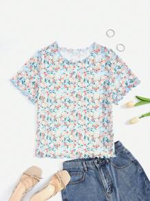 SHEIN VCAY Plus Size Nữ Mùa Hè In Hoa Cổ Tròn Tay Ngắn Áo Thun Thường Ngày - Màu xanh lam - Xem 1