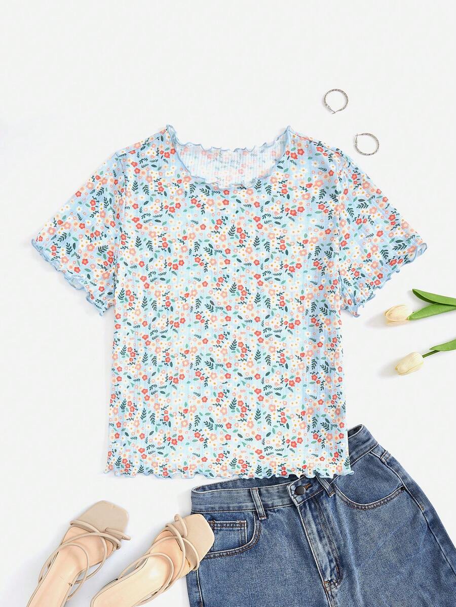 SHEIN VCAY Plus Size Nữ Mùa Hè In Hoa Cổ Tròn Tay Ngắn Áo Thun Thường Ngày - Màu xanh lam - Xem 1