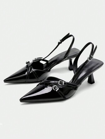 秋冬新作 レディース夏 URブラック特許革キトゥンヒールサンダル バックル付き、尖った つま先 ハイヒールパンプス バレンタイン、エレガント、パーティー