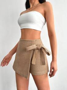 EURMUSE 女士法式風格純色高腰側扣裙褲 - 駝色 - 查看 5