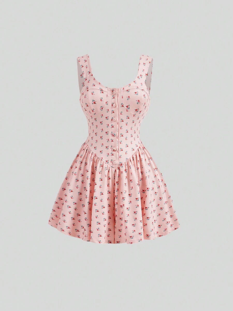 SHEIN MOD Vintage Romantic Floral Print Sleeveless Jumpsuit With Palace-Style Design - Pink - View 1