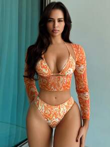 SHEIN Swim 3pcs Random Allover Print Bikini Set, Summer Beach Bathing Suit