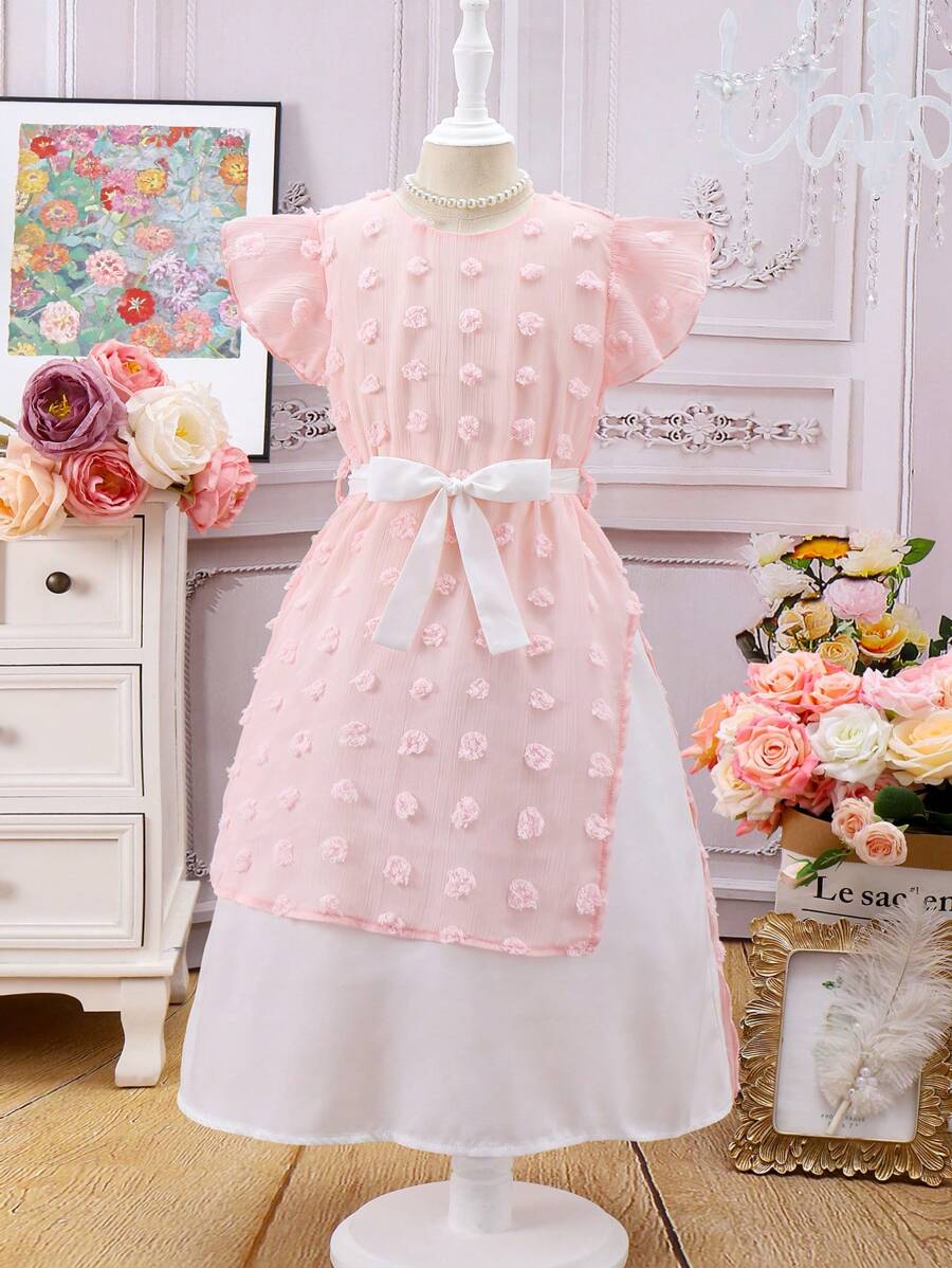 SHEIN فستان صيفي موزّع بنمط النقط السويسرية بتباين جذاب و أنثوي مع حاشية من الأهداب للفتيات الصغيرات.