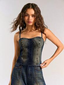 Forever 21 Vintage Summer Tight-Fitting Denim Cami Top With Metal Studs And Beads Embellishment - Blue - View 10