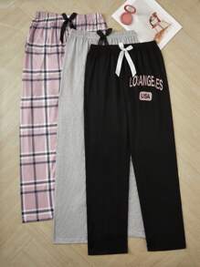 Women Fashion Letter & Plaid & Solid Color 3pcs Pajamas Pants Set, Fall Winter Clothes - Multicolor - View 4