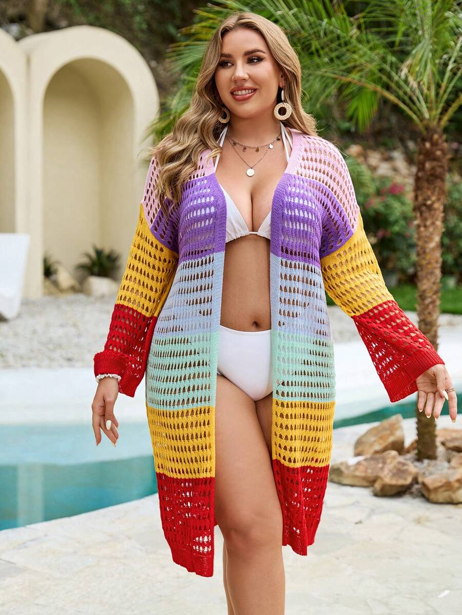 SHEIN Swim Curve Plus Size Hollow Out Knitted Kimono With Color Block Design, Ideal For Summer Beach And Swimming Pool - Multicolor - View 1