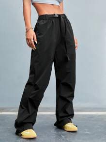 SHEIN Sports Pantalones deportivos rectos para mujer con cinturón y bolsillos en unicolor