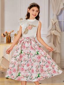Tween Girl Fashionable Flower Printed Sleeveless Top And Skirt Set - Multicolor - View 3
