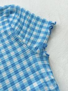 Soleia WYWH女士復古櫻桃和字母印花針織紋理面料緊身度假款藍白相間格紋波浪邊工藝前中央夏季T恤 - 藍白色 - 查看 5